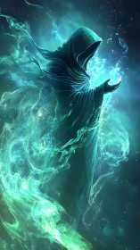 Hooded spectral mage shaping swirling teal energy field.