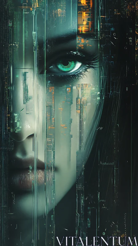 Cybernetic gaze slicing through neon vertical cityscapes.