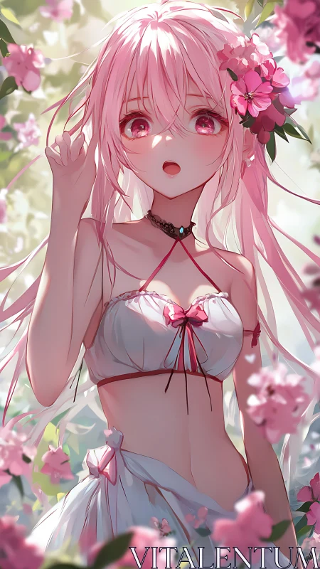 Springlight anime girl amid pink blossom petals in bloom.