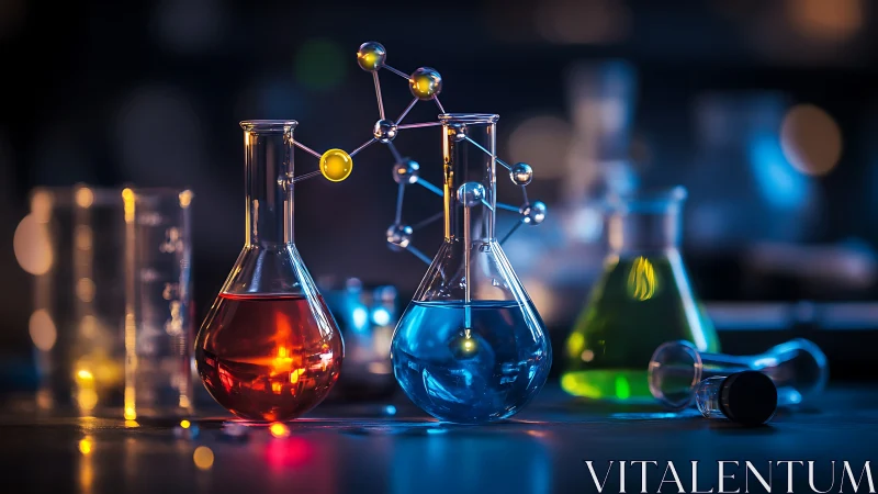 Photorealistic laboratory glassware with molecular model focus.