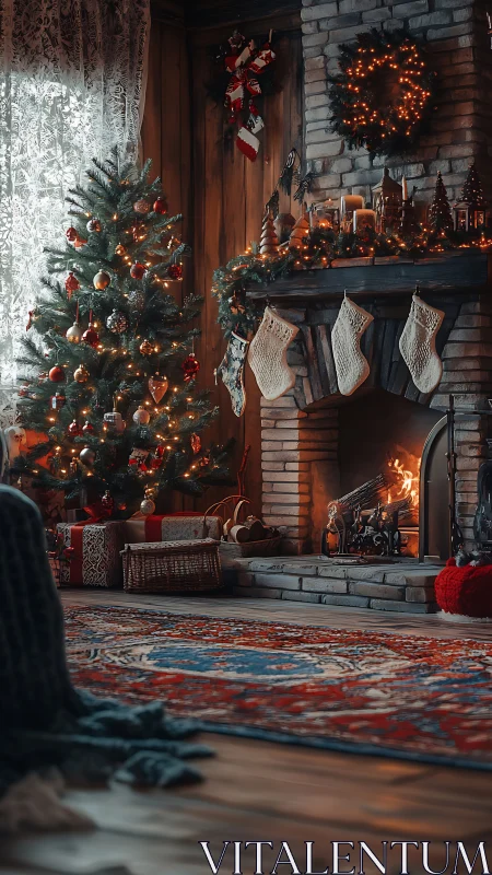 Firelit Christmas hearth wrapped in storybook winter magic.