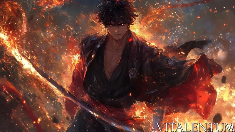 Fierce firelit swordsman walking through a storm of embers.