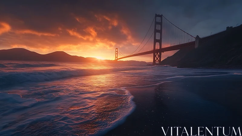Golden bridge sunset guiding gentle waves toward shore.