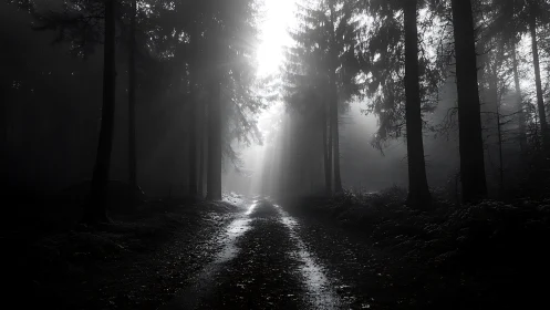 Ethereal Forest Path Glows Through Morning Mist