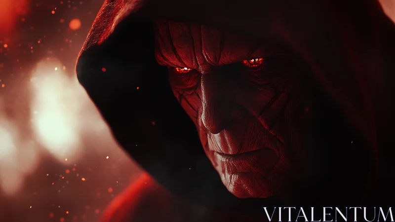 Hooded ember-eyed warlock studies the glow of his own rage