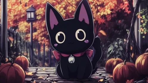 Charming black cat friend resting among glowing autumn pumpkins.