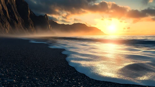 Golden sunset waves wash a tranquil black pebble shoreline