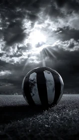 Soccer ball on grass under dense clouded sky at stadium.