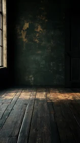 Whispering light across an abandoned wooden floorboard stage.