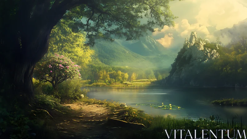 Sunlit alpine lake with flowering tree and distant rock spires