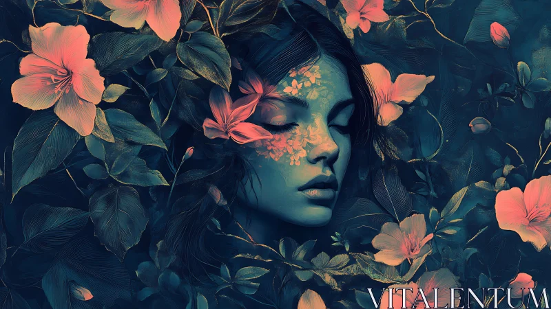 Dreaming in petals and shadowed teal forest hush.