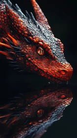 Glimmering ember dragon gazing softly at its reflection.