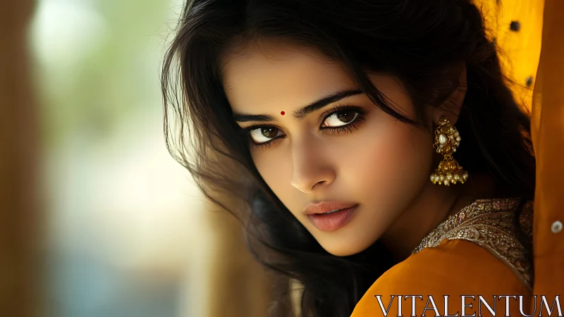 Portrait shows intense gaze with warm golden sari tones