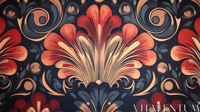 Floral arabesque pattern radiates bold red and teal curves.