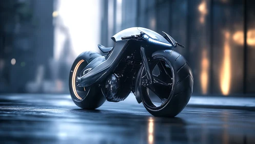 Futuristic city motorcycle glowing softly in the night street.