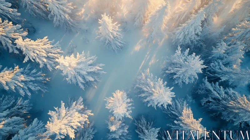 Snow-laden forest glows under low winter sunrise light