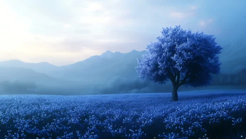 Lone sapphire tree dreaming above a misty blue wildflower sea.