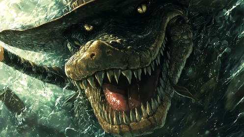 Crocodilian creature with hat emerges from turbulent water
