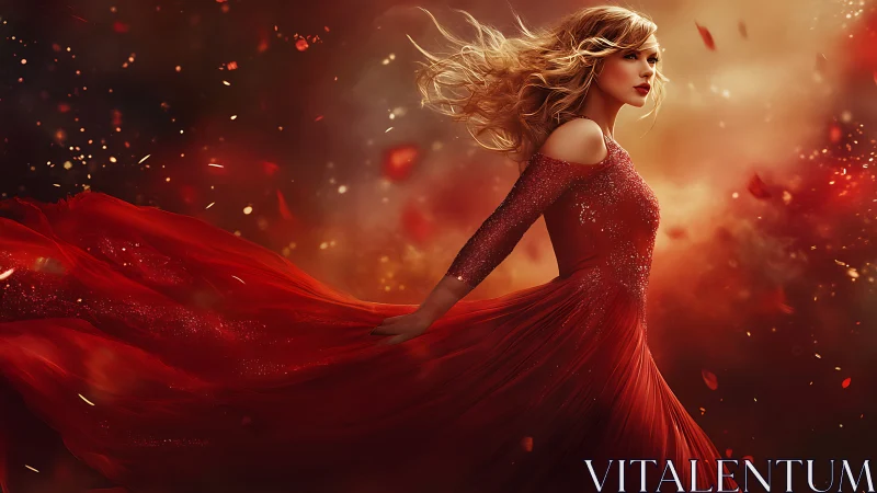 Flame hued gown in dynamic motion against ember lit backdrop