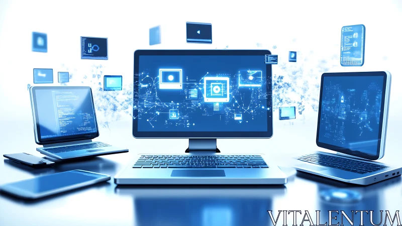 Networked laptops with floating data interfaces and system diagrams.