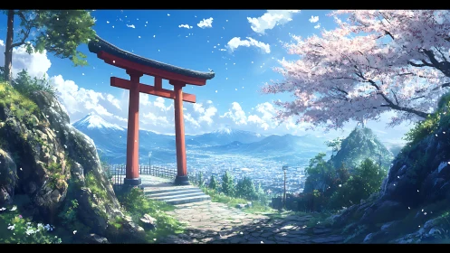 Anime landscape of torii gate overlooking spring valley panorama.