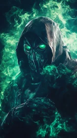 Hooded cyber-reaper with neon eyes emerges through viridian smoke