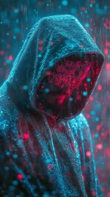 Hooded cyber figure in neon rain with digital mask glow.