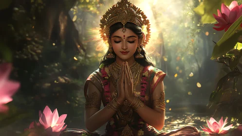 Digital rendering of adorned woman meditating among lotus flowers.