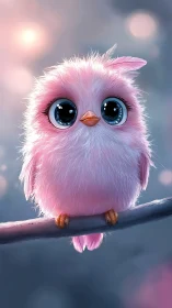Pink cartoon bird with large eyes on branch at dusk.