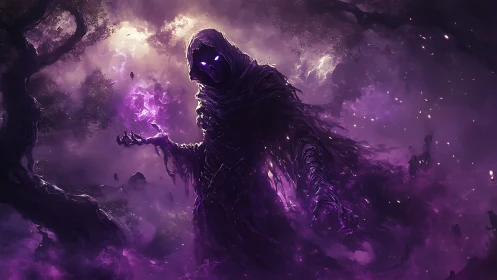 Shadow wraith commands violet magic in a haunted forest
