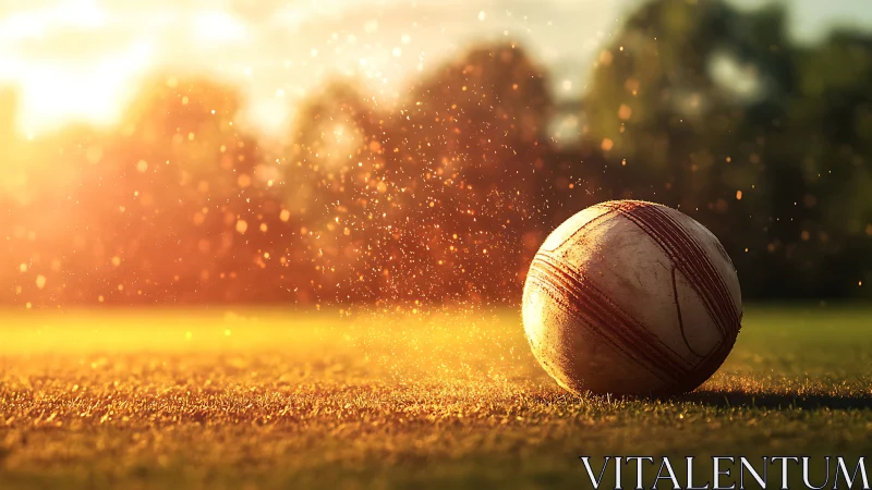 Weathered soccer ball glows in golden sunset dust field.