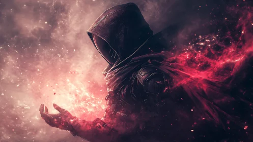 Hooded voidcaster quietly sculpts crimson nebula fire