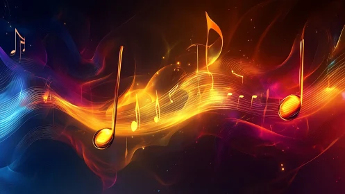 Luminous musical notes flowing through vibrant neon waves.