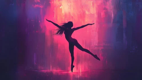 Silhouette dancer against neon pink and purple glow backdrop.
