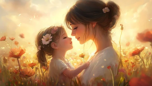 Woman and Child in Flower Field at Golden Hour