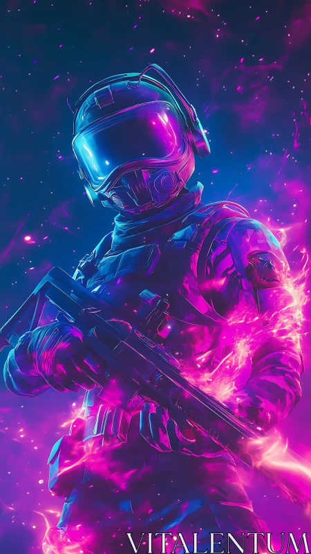Neon-armored space operative in magenta plasma field portrait.