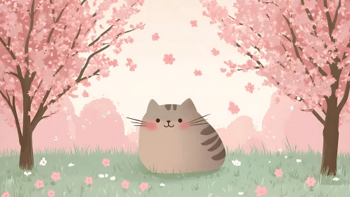Stylized feline subject within cherry blossom landscape composition with soft organic rendering
