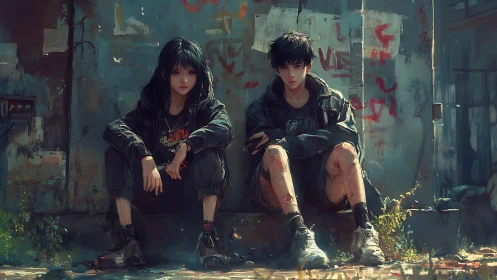 Urban duo resting in a quiet alley of worn concrete and color.