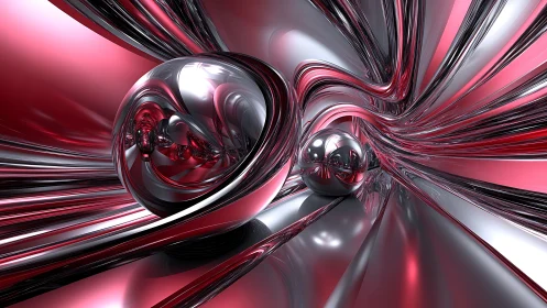 Chrome spheres glide through a crimson metallic vortex
