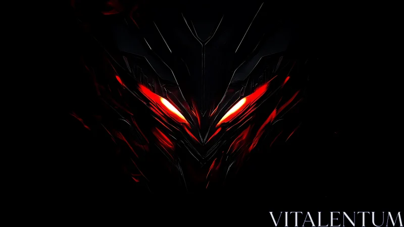 Mechanical demonic face shows glowing red eyes in darkness