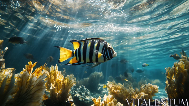 Striped reef fish in shallow sunlit kelp forest underwater scene