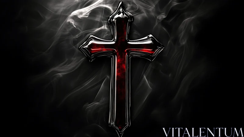 Metallic red cross with smoke on dark black background.