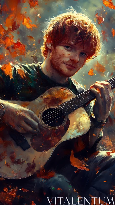 Red-haired guitarist plays amid swirling autumn embers