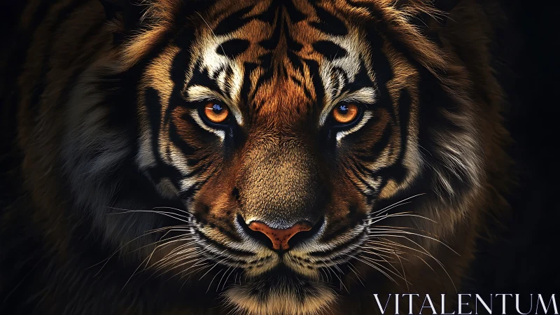 Photorealistic tiger portrait with dramatic low key lighting.