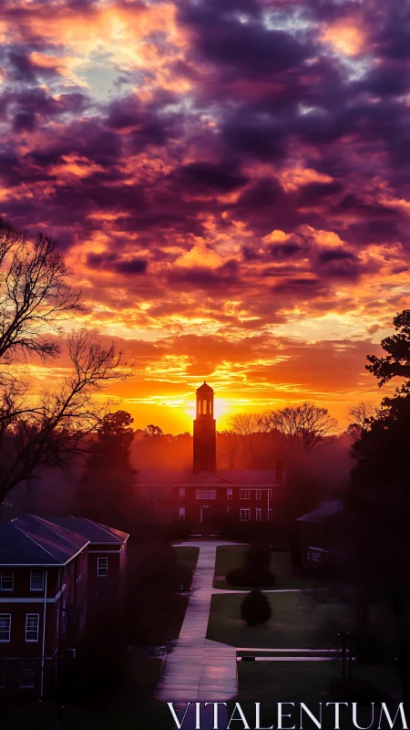 Vertical campus skyline under saturated stratocumulus sunrise light