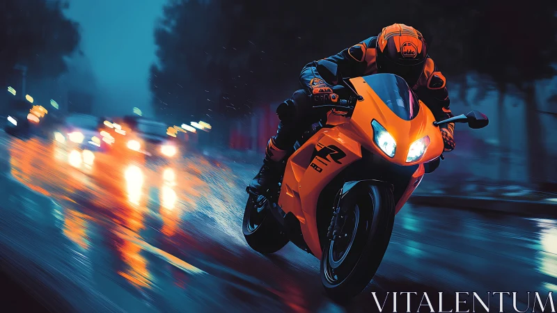 Sport motorcycle races through wet neon city street at night
