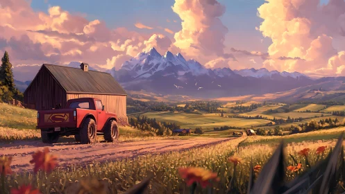 Red pickup truck on rural farm road facing distant mountains