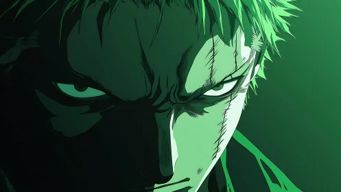 Intense green-haired swordsman bathed in bold emerald light.