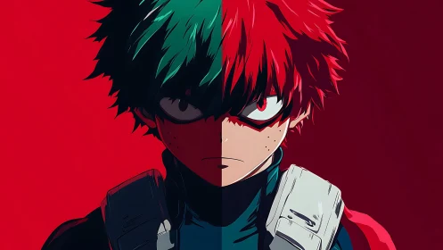 Dual-colored anime hero under bold red split light.