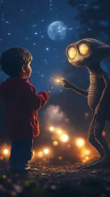Cinematic night encounter between child and glowing alien figure.